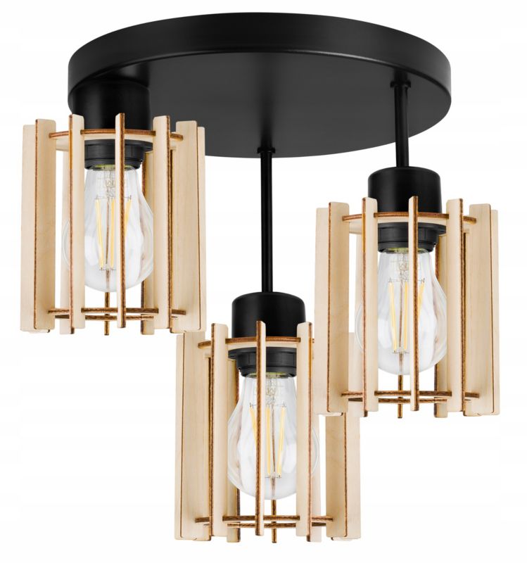 Lampa sufitowa wisząca Light Home LH Timber drewno 3x E27 60W okrągły prosty klosz tuba czarny 1szt.