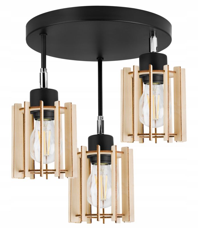 Lampa sufitowa wisząca Light Home LH Timber drewno 3x E27 60W okrągły prosty klosz tuba czarny/srebrny 1szt.