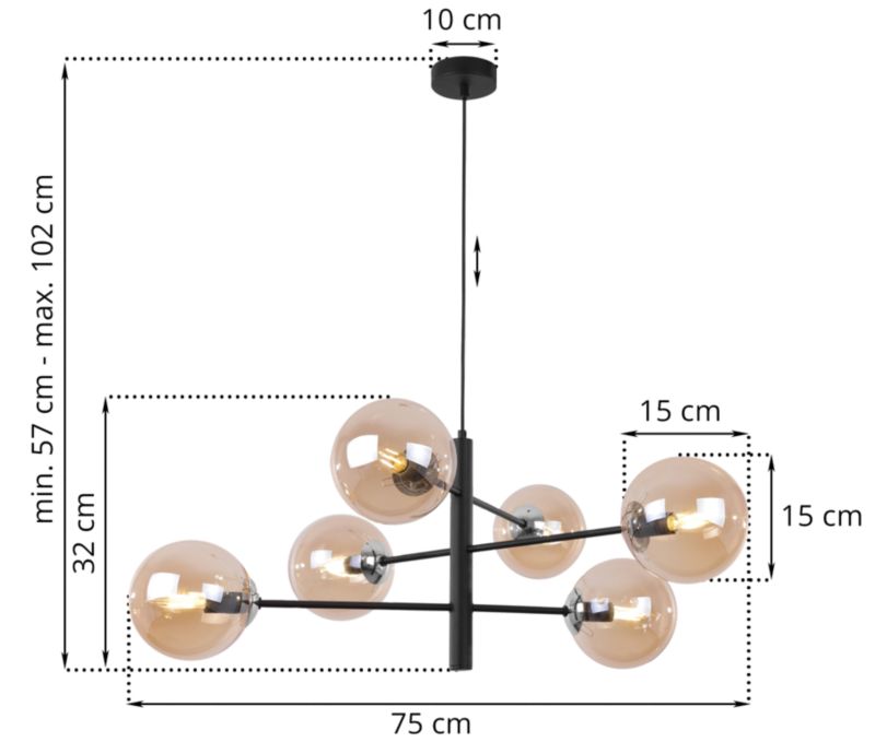 Lampa sufitowa wisząca Light Home LH Venice 6x E14 40W czarny/chrom klosz miodowy 1szt.