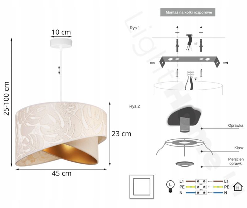 Lampa sufitowa wisząca Light Home LH Werona 1x E27 60W abażur 45cm tkanina kremowy/biały 1szt.