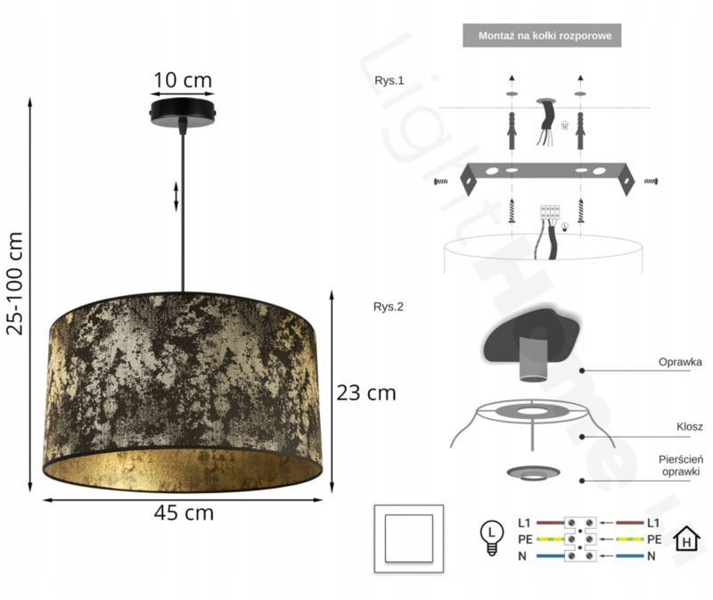 Lampa sufitowa wisząca Light Home LH Werona 1x E27 60W abażur 45cm złoty/czarny 1szt.