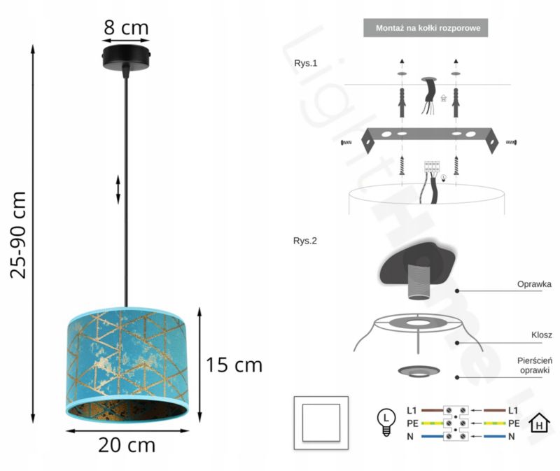 Lampa sufitowa wisząca Light Home LH Werona 1x E27 60W niebieski 1szt.