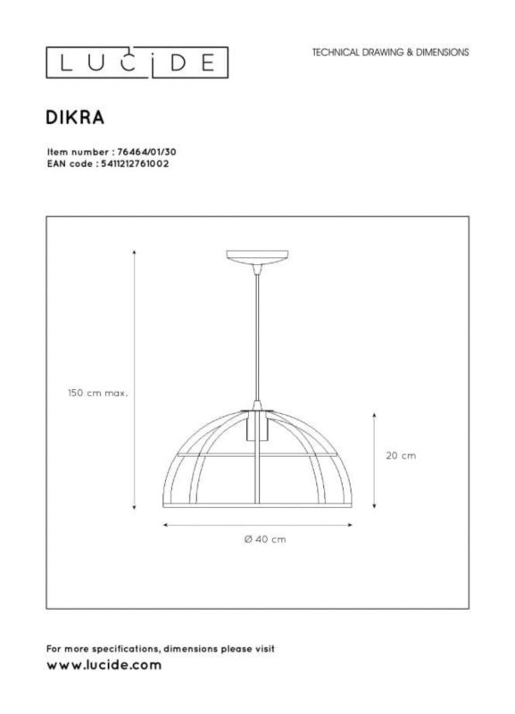 Lampa sufitowa wisząca Lucide Dikra 1002 czarna szerokość 40 cm 1xE27 x 60W 1 szt.
