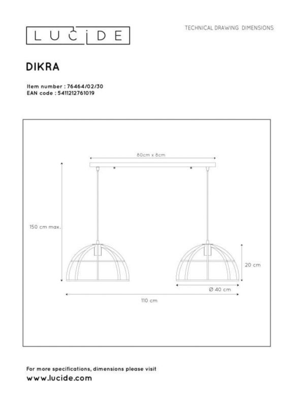 Lampa sufitowa wisząca Lucide Dikra 1019 czarna szerokość 40 cm 2xE27 x 60W 1 szt.