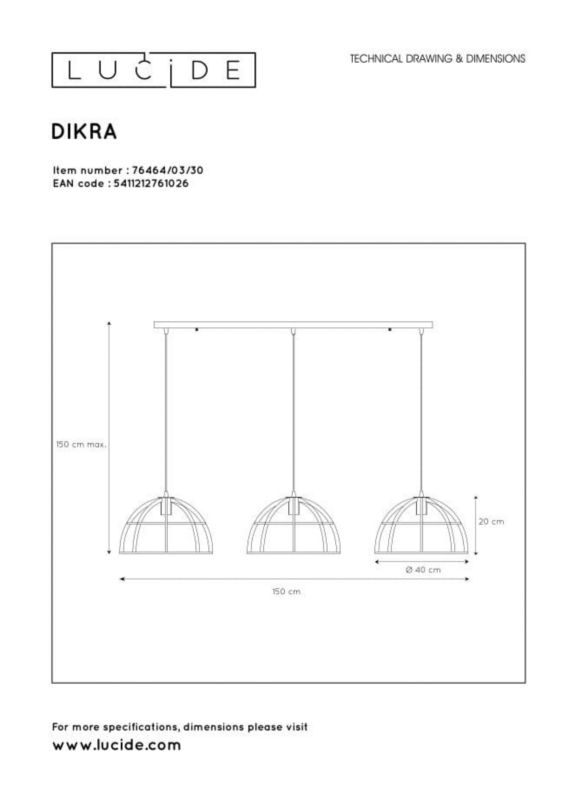 Lampa sufitowa wisząca Lucide Dikra 1026 czarna szerokość 150 cm 3xE27 x 60W 1 szt.