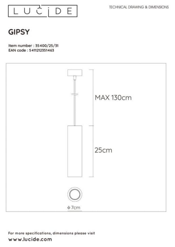 Lampa sufitowa wisząca Lucide Gipsy 1463 biała szerokość 7 cm 1xGU10 x 35W 1 szt.