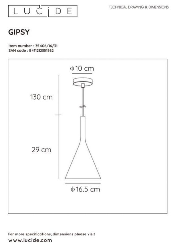 Lampa sufitowa wisząca Lucide Gipsy 1562 biała szerokość 16.5 cm 1xE27 x 25W 1 szt.