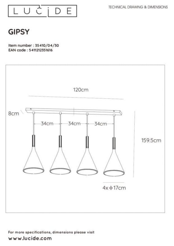 Lampa sufitowa wisząca Lucide Gipsy 1616 czarna szerokość 120 cm 4xE27 x 25W 1 szt.
