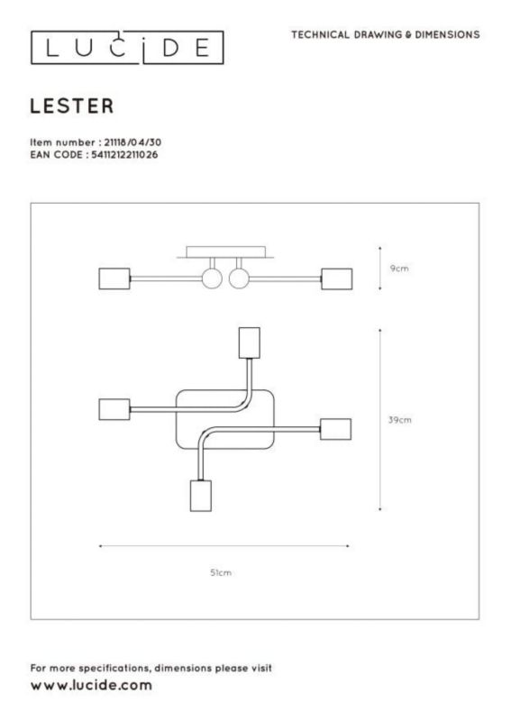 Lampa sufitowa wisząca Lucide Lester 1026 czarna szerokość 52 cm 4xE27 x 60W 1 szt.