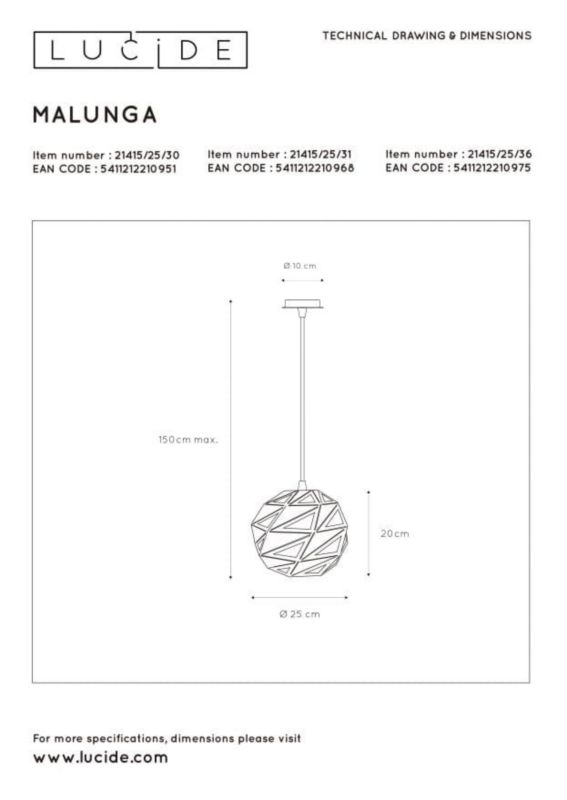 Lampa sufitowa wisząca Lucide Malunga 0951 czarna szerokość 25 cm 1xE27 x 60W 1 szt.