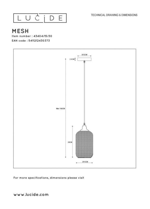 Lampa sufitowa wisząca Lucide Mesh 0373 czarna szerokość 15 cm 1xE27 x 60W 1 szt.