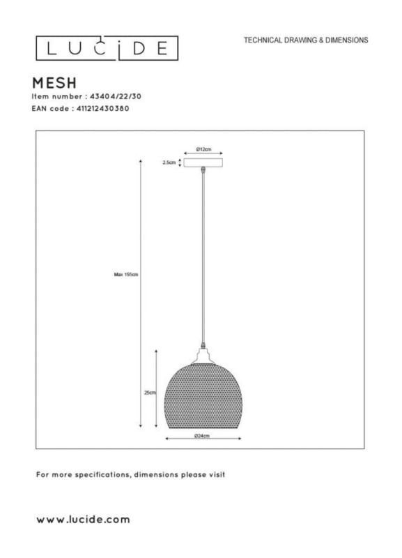 Lampa sufitowa wisząca Lucide Mesh 0380 czarna szerokość 22 cm 1xE27 x 60W 1 szt.