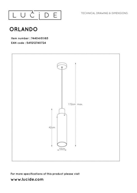 Lampa sufitowa wisząca Lucide Orlando 0724 czarna szerokość 10 cm 1xE27 x 40W 1 szt.
