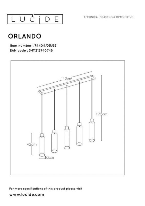 Lampa sufitowa wisząca Lucide Orlando 0748 czarna szerokość 112 cm 5xE27 x 40W 1 szt.