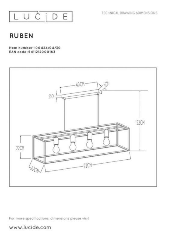 Lampa sufitowa wisząca Lucide Ruben 0163 czarno-złota szerokość 92 cm 4xE27 x 40W 1 szt.