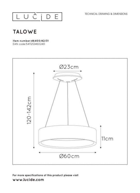 Lampa sufitowa wisząca Lucide Talowe 0240 biała szerokość 60 cm wbudowany LED 39W 1 szt.