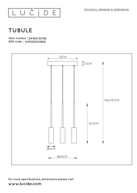 Lampa sufitowa wisząca Lucide Tubule 1863 czarna szerokość 26 cm wbudowany LED 7W 1 szt.