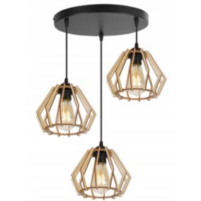 Lampa sufitowa wisząca okrągła Light Home LH Timber drewno 3x E27 60W klosz diament czarny 1szt.