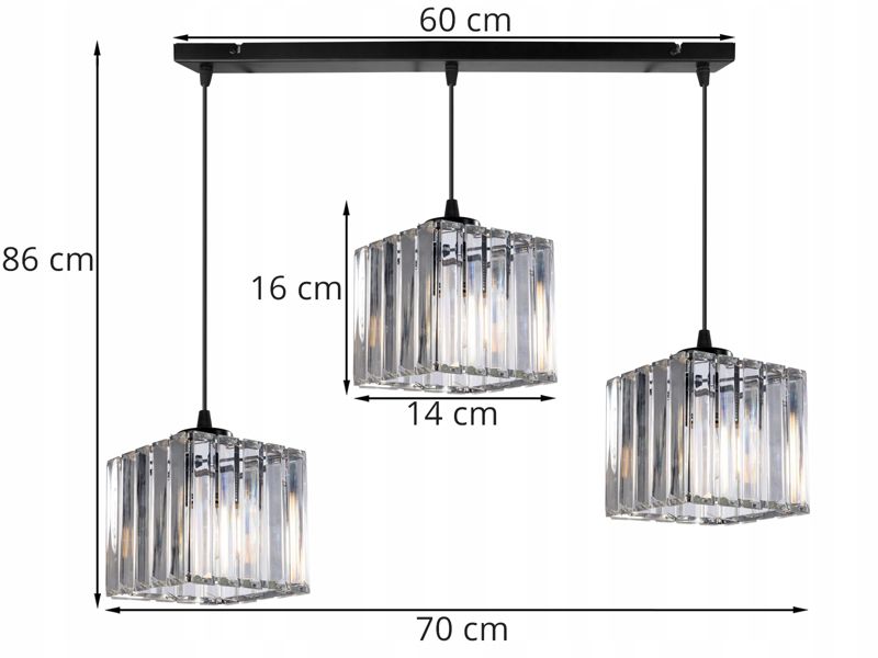 Lampa sufitowa wisząca pozioma Light Home LH Holdi 3x E27 60W klosz kwadratowy szkło 1szt.