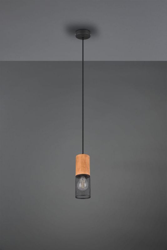 Lampa sufitowa wisząca Trio Tosh czarna-jasne drewno wym: 150 x 10 x 10 cm 1xE27 x  1 szt.