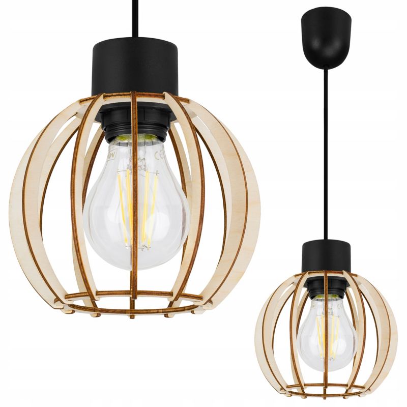 Lampa sufitowe wisząca Light Home LH Timber 1x E27 60W kula drewno 16cm czarny 1szt.