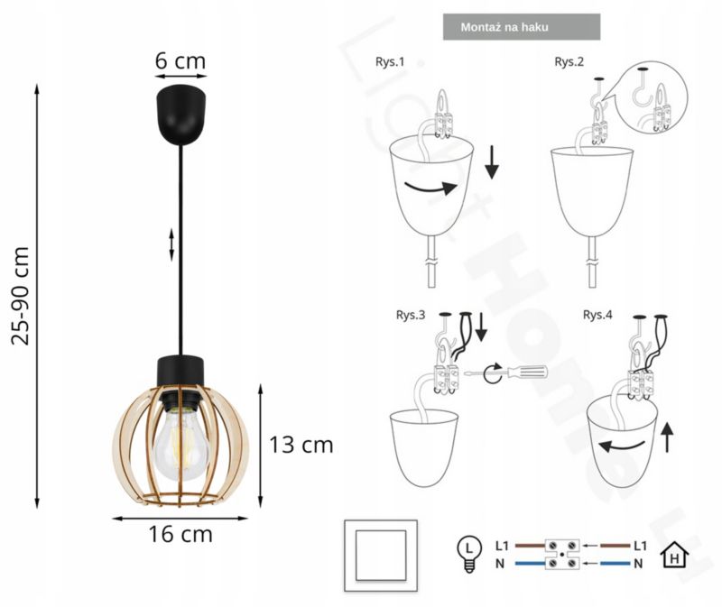 Lampa sufitowe wisząca Light Home LH Timber 1x E27 60W kula drewno 16cm czarny 1szt.