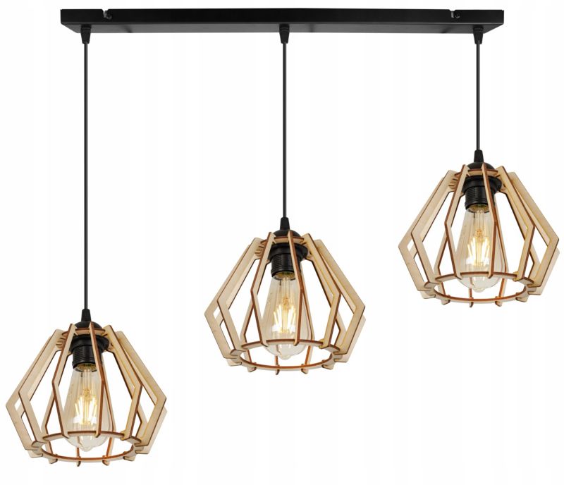 Lampa sufitowe wisząca Light Home LH Timber drewno diament 3x E27 60W czarny 1szt.