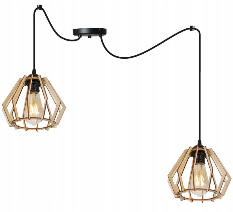 Lampa sufitowe wisząca Light Home LH Timber Spider 2x E27 60W klosz drewno diament naturalny/czarny 1szt.