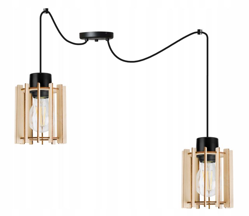 Lampa sufitowe wisząca Light Home LH Timber Spider 2x E27 60W klosz drewno tuba czarny 1szt.