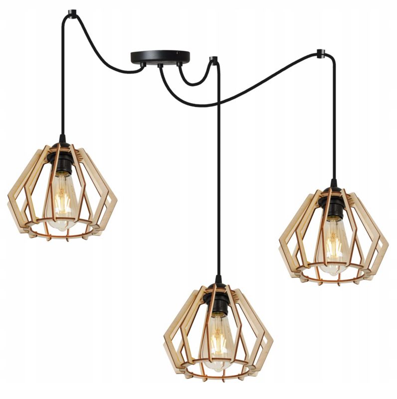 Lampa sufitowe wisząca Light Home LH Timber Spider 3x E27 60W klosz drewno diament naturalny/czarny 1szt.
