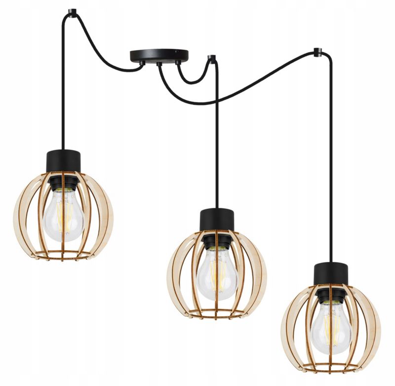 Lampa sufitowe wisząca Light Home LH Timber Spider 3x E27 60W klosz drewno kula 16cm czarny 1szt.