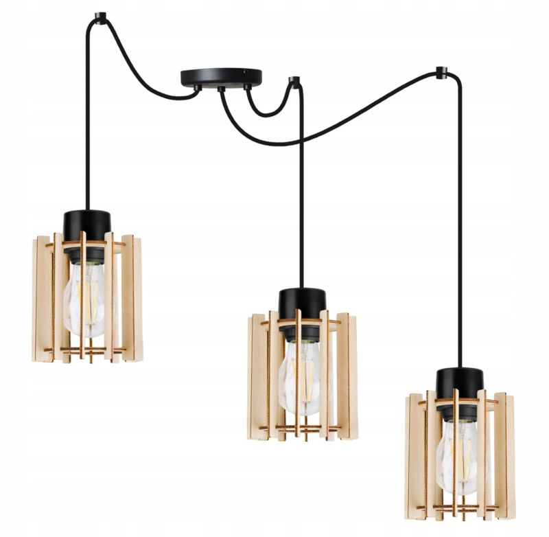 Lampa sufitowe wisząca Light Home LH Timber Spider 3x E27 60W klosz drewno tuba czarny 1szt.