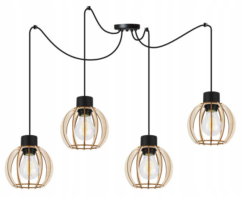 Lampa sufitowe wisząca Light Home LH Timber Spider 4x E27 60W klosz drewno kula 16cm czarny 1szt.