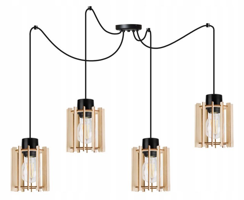 Lampa sufitowe wisząca Light Home LH Timber Spider 4x E27 60W klosz drewno tuba czarny 1szt.