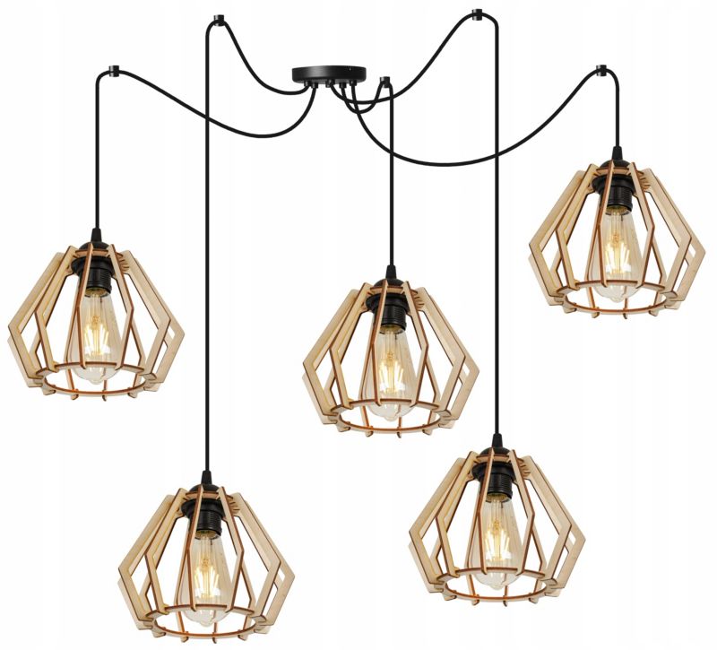 Lampa sufitowe wisząca Light Home LH Timber Spider 5x E27 60W klosz drewno diament naturalny/czarny 1szt.