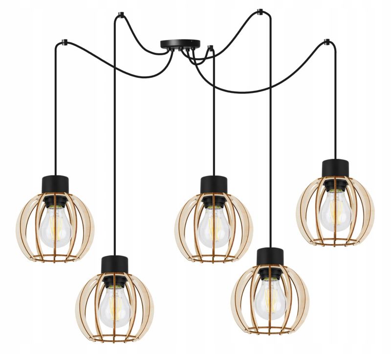 Lampa sufitowe wisząca Light Home LH Timber Spider 5x E27 60W klosz drewno kula 16cm czarny 1szt.