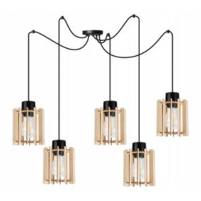 Lampa sufitowe wisząca Light Home LH Timber Spider 5x E27 60W klosz drewno tuba czarny 1szt.