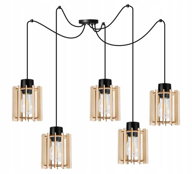 Lampa sufitowe wisząca Light Home LH Timber Spider 5x E27 60W klosz drewno tuba czarny 1szt.