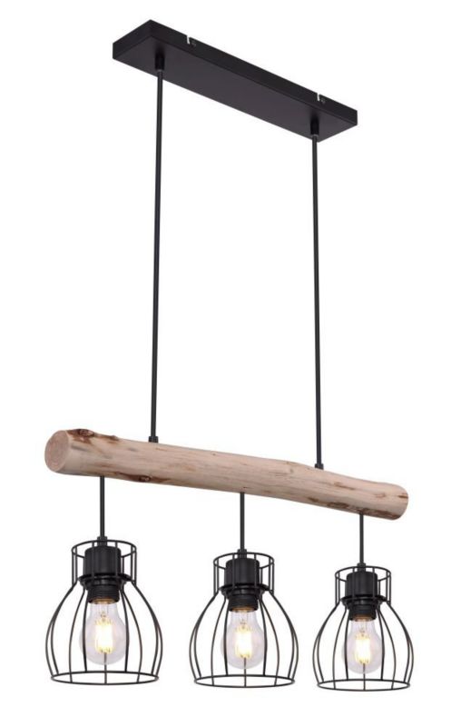 Lampa wisząca Globo MINA 15326-3N loft/vintage, czarny metal + drewno, 3xE27, styl industrialny 1 szt.