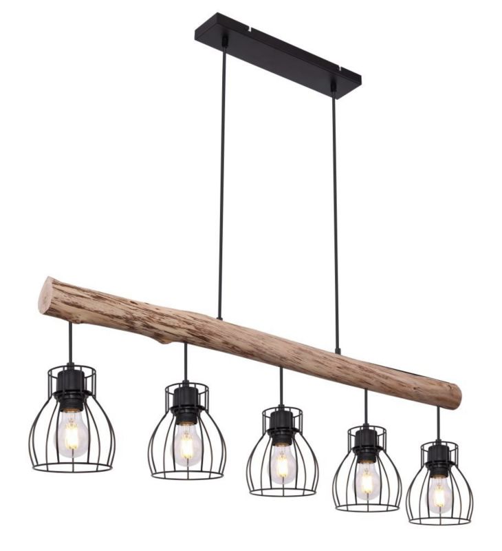 Lampa wisząca Globo MINA 15326-5N loft vintage 5xE27 czarny metal + drewno 104 cm, do salonu i jadalni 1 szt.