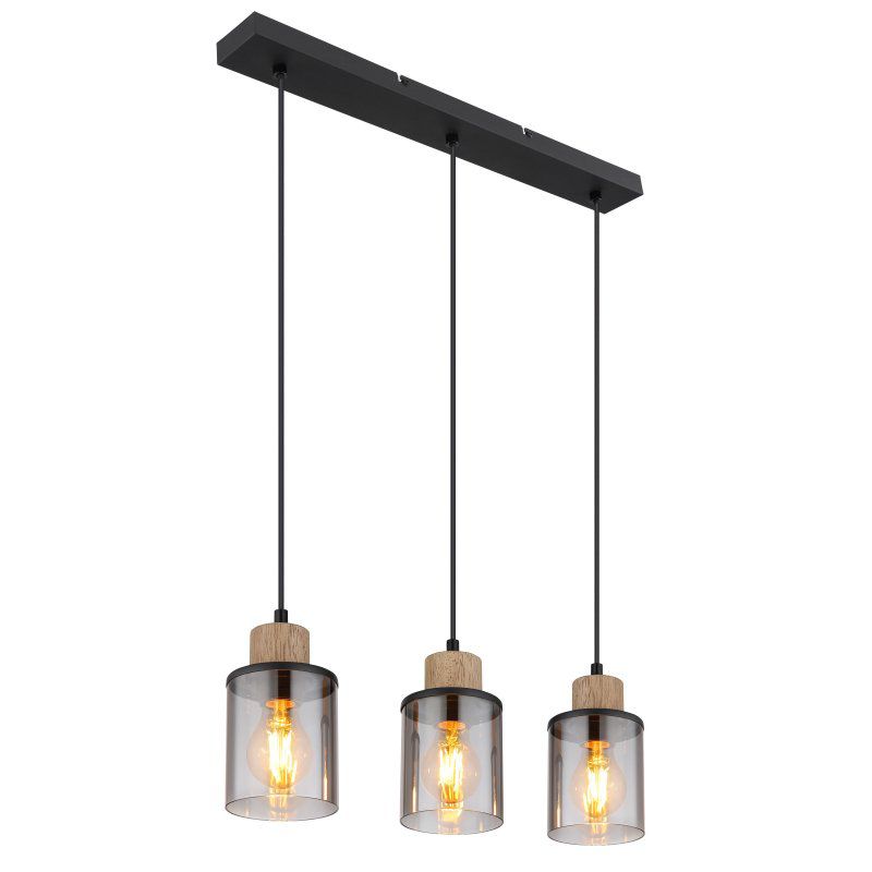 Lampa wisząca Globo REID 15707-3H 3xE27 czarny mat + drewno, dymione klosze, regulowana 1 szt.