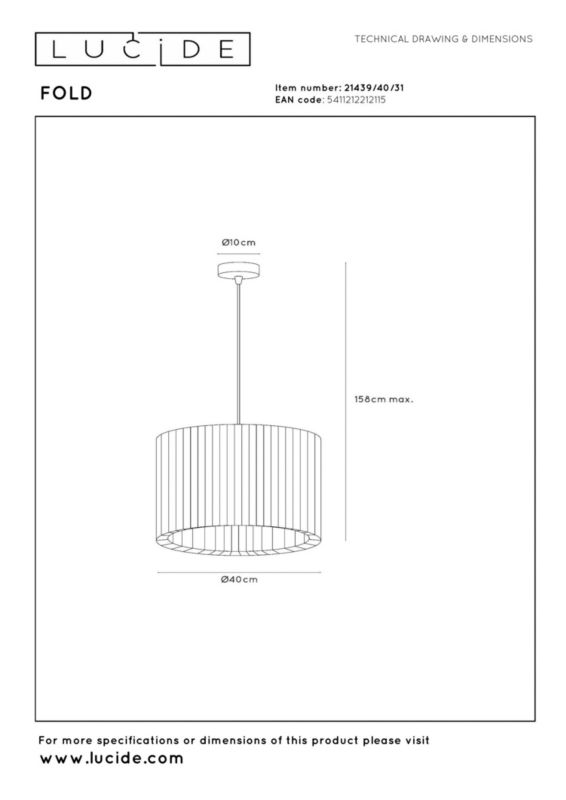 Lampa wisząca jedwabny plisowany klosz Lucide FOLD biało-czarna 1xE27x40W IP20 wym:160x40x40cm - 1 szt.