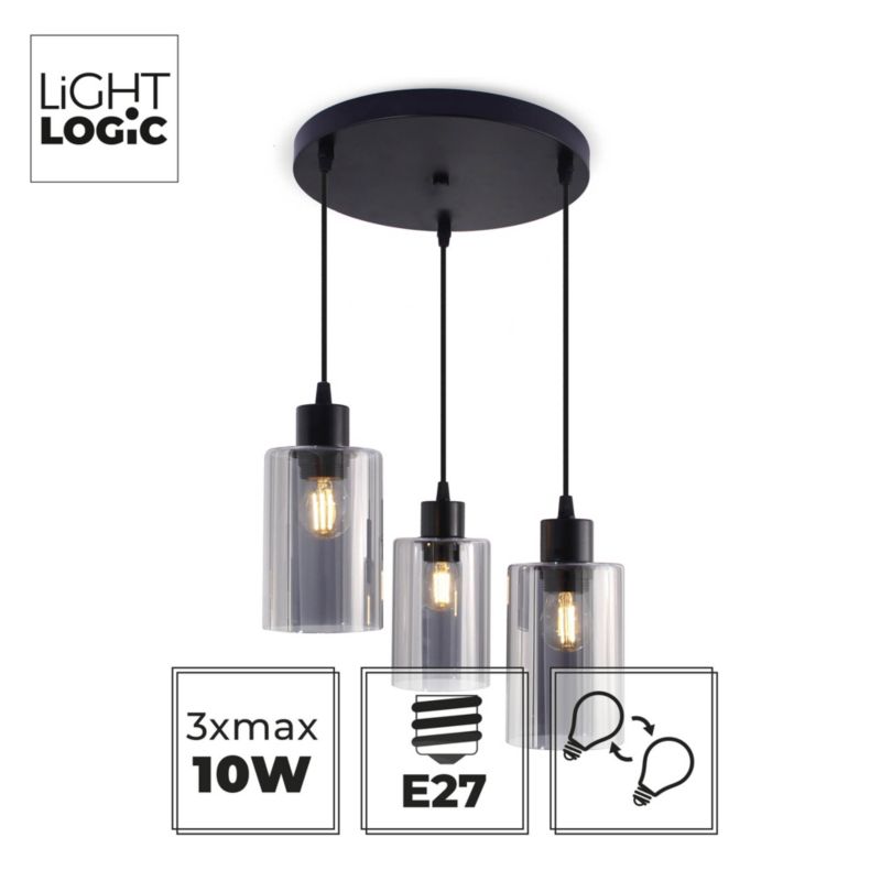 Lampa wisząca LightLogic LL TAMLAC 3xE27 PL 66506 czarna do LED szkło dymione 10W 1 szt.