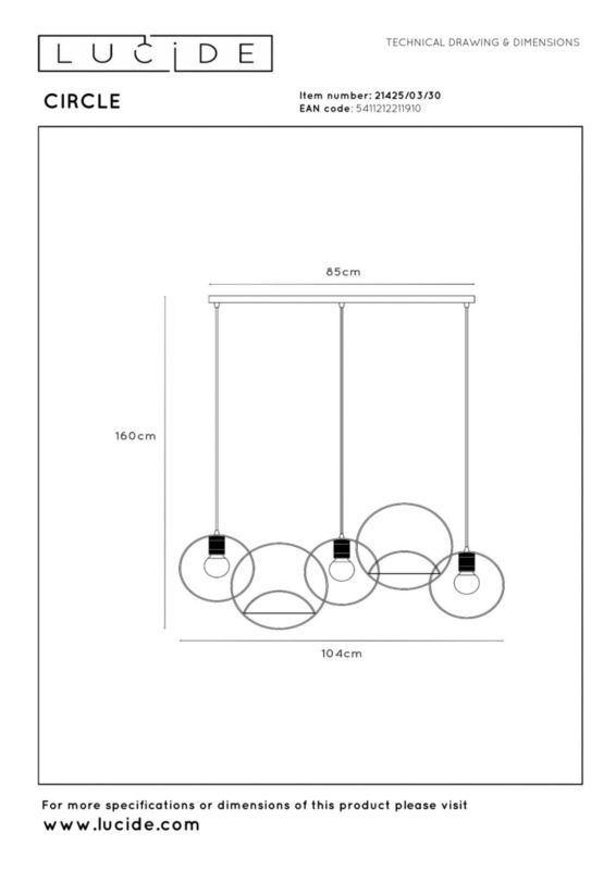 Lampa wisząca listwa metalowe obręcze Lucide CIRCLE czarna 3xE27x40W IP20 wym:160x104x15cm - 1 szt.