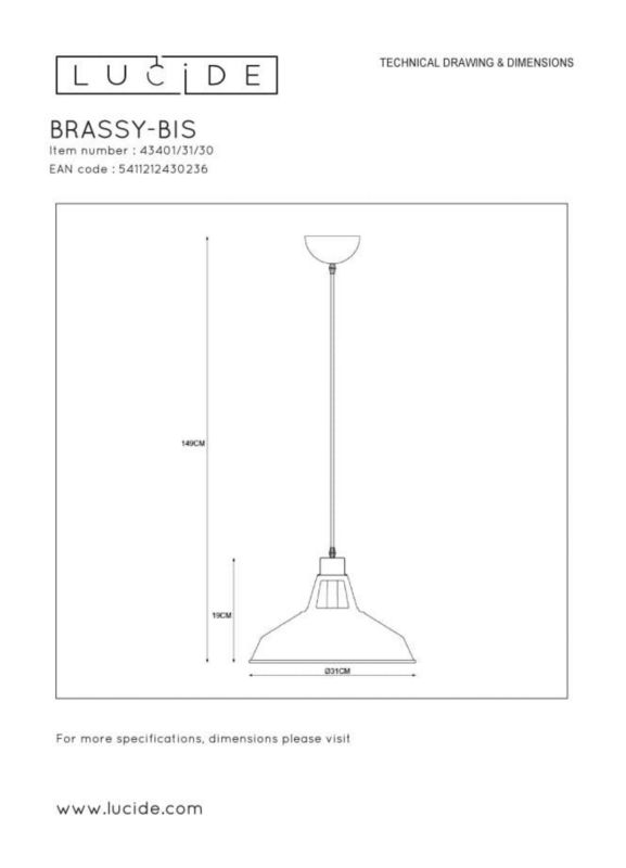 Lampa wisząca Lucide Brassy/Bis 0236 czarno-złota szerokość 31 cm 1xE27 x 60W 1 szt.