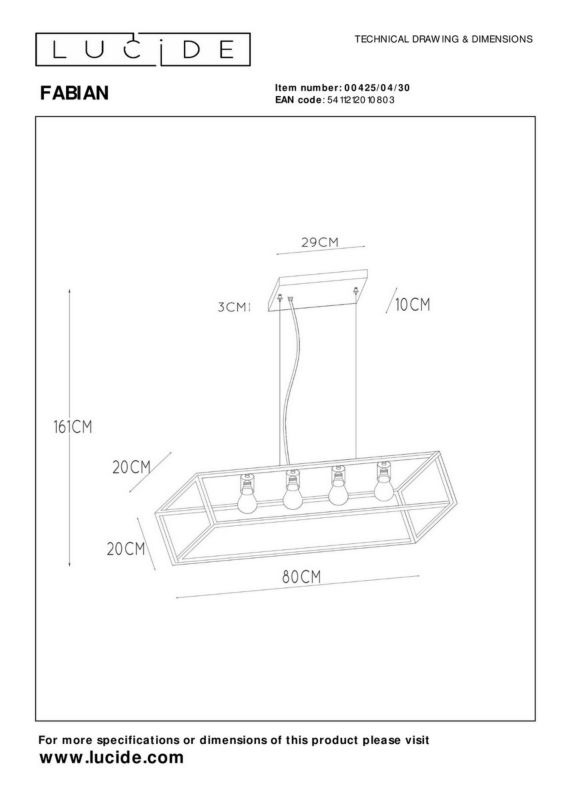Lampa wisząca Lucide Fabian 0803 czarna minimalistyczna 4xE27 x 40W 1 szt.