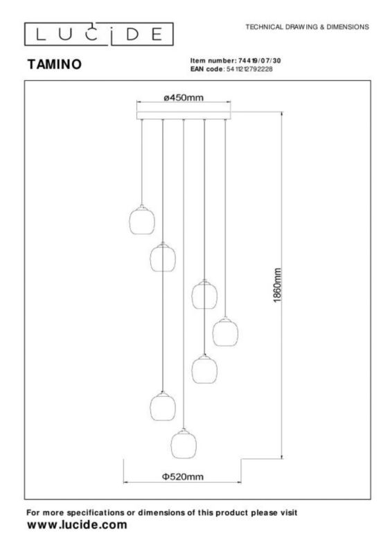 Lampa wisząca Lucide Tamino 2228 czarna nad stół wbudowany LED 7W 1 szt.