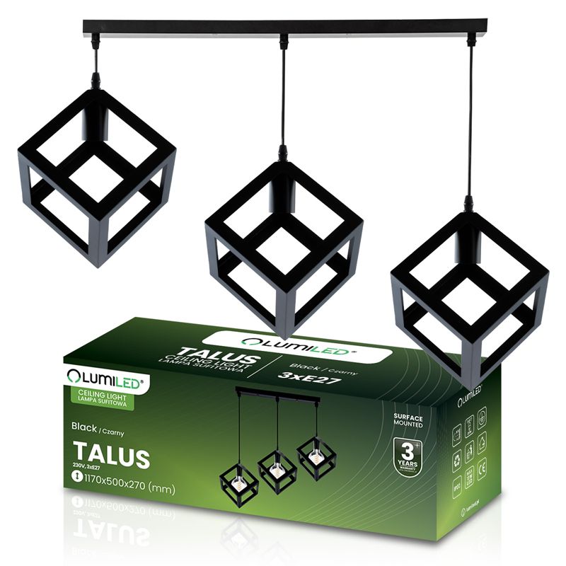 Lampa Wisząca Lumiled Sufitowa Geometryczna Kwadrat Zwis LED 3x E27 Czarna 1 szt.