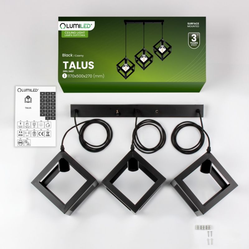Lampa Wisząca Lumiled Sufitowa Geometryczna Kwadrat Zwis LED 3x E27 Czarna 1 szt.