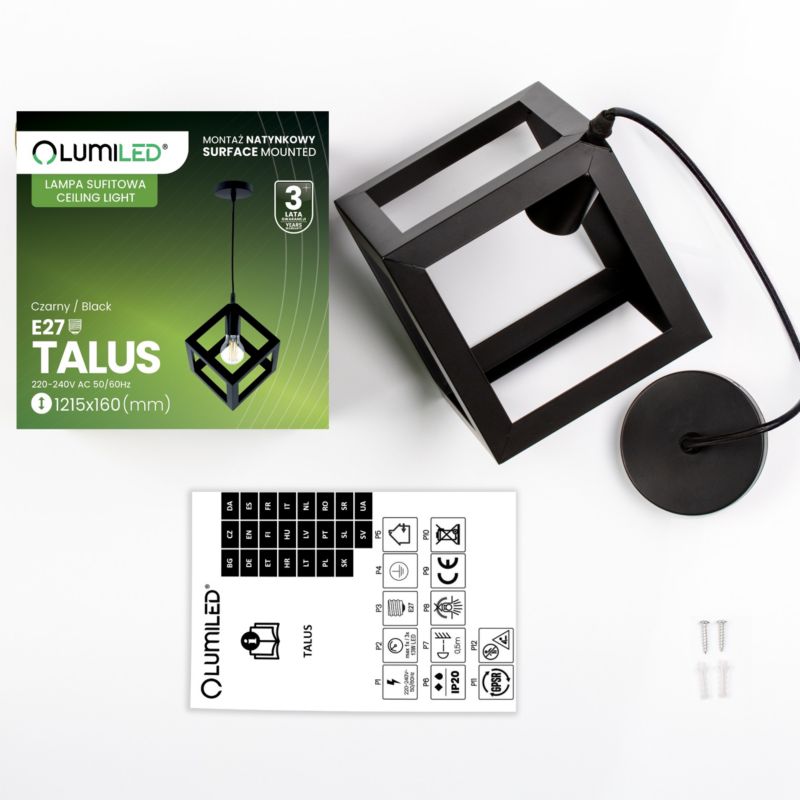 Lampa Wisząca Lumiled Sufitowa Geometryczna Kwadrat Zwis LED E27 Czarna 1 szt.